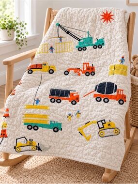 Kids Construction Quilt - Cream with Multi-Colored Trucks